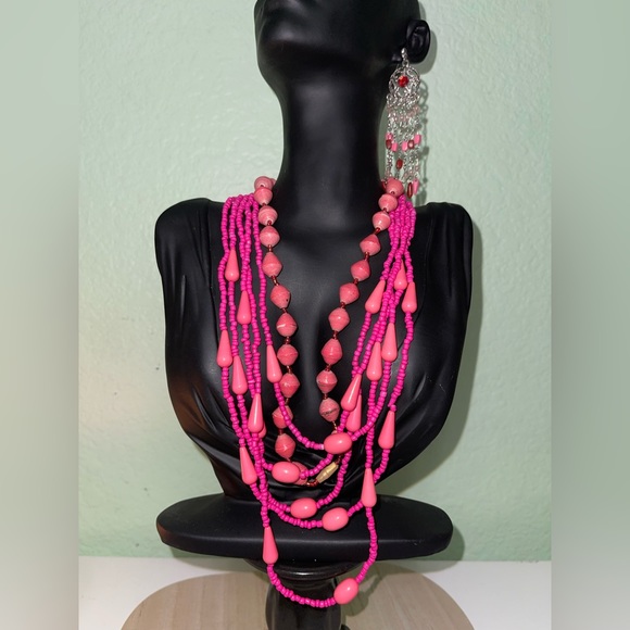 Source Unknown Jewelry - OOTD-Bundle Bright PINK- preLoved: pink beads /wooden necklace, earrings & Pin.